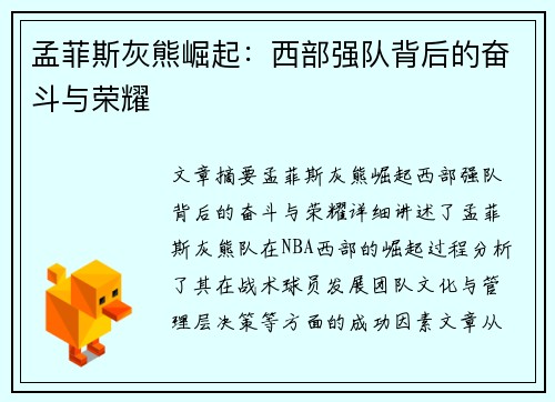 孟菲斯灰熊崛起：西部强队背后的奋斗与荣耀