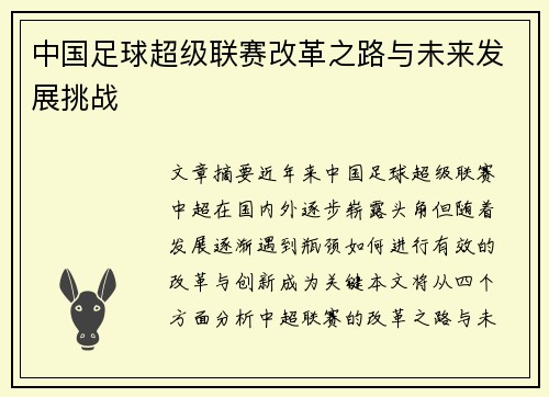 中国足球超级联赛改革之路与未来发展挑战