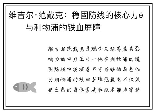 维吉尔·范戴克：稳固防线的核心力量与利物浦的铁血屏障