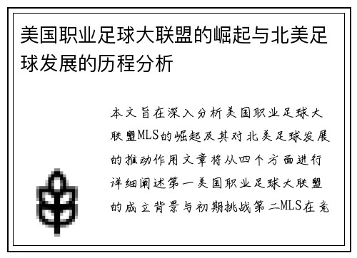 美国职业足球大联盟的崛起与北美足球发展的历程分析