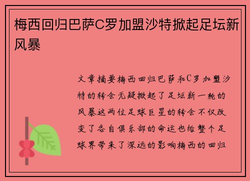 梅西回归巴萨C罗加盟沙特掀起足坛新风暴