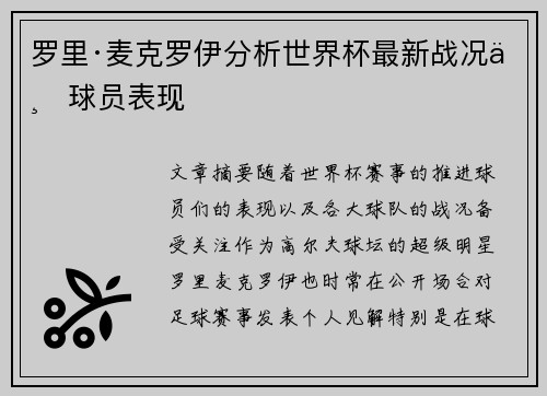 罗里·麦克罗伊分析世界杯最新战况与球员表现